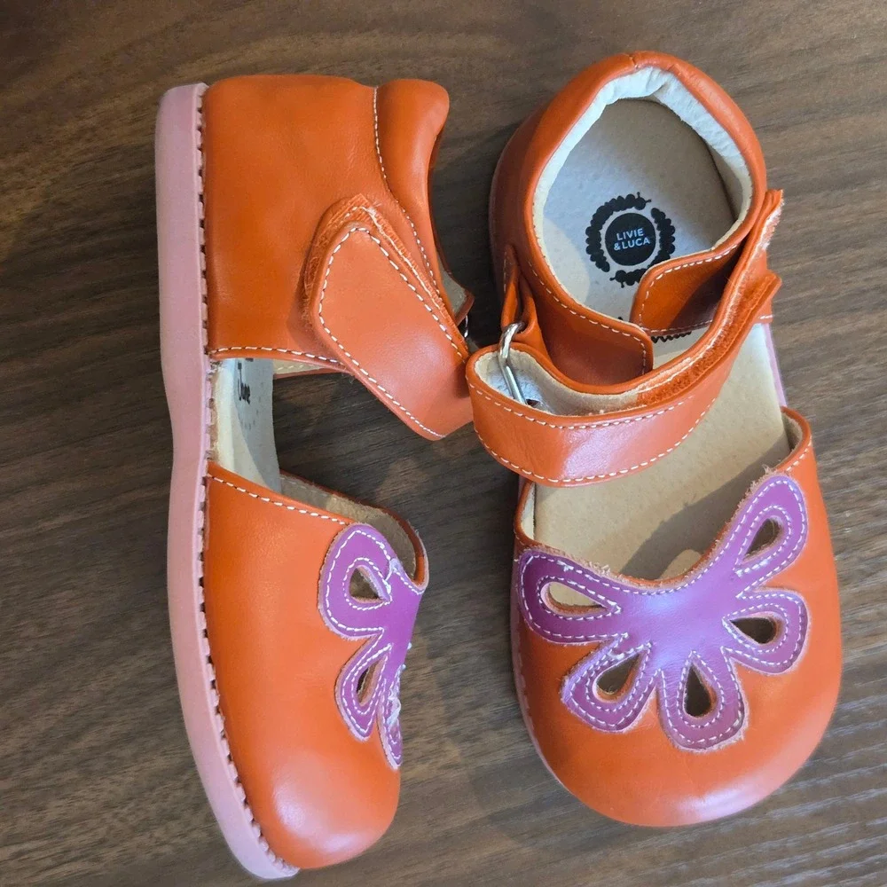 Livie & Luca Girls Petal Mary Jane Orange Leather Purple Flower Shoes Size 11c